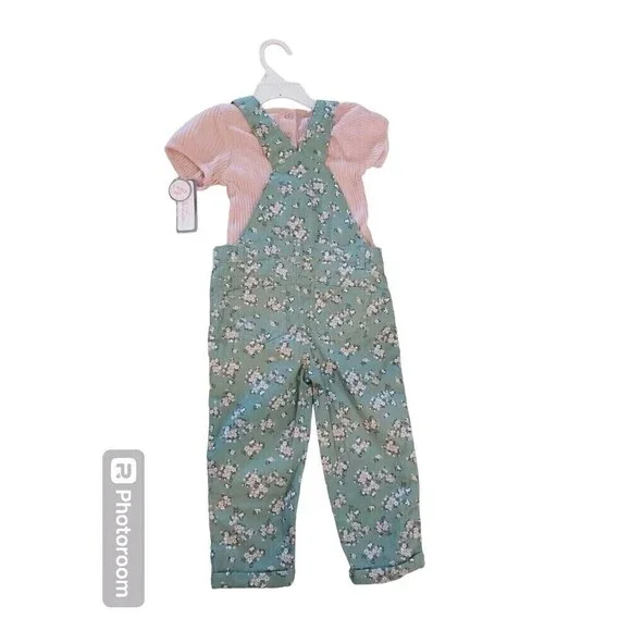 Girls overall outfit 3T Green Flowers Little  Lass - Picture 2 of 5